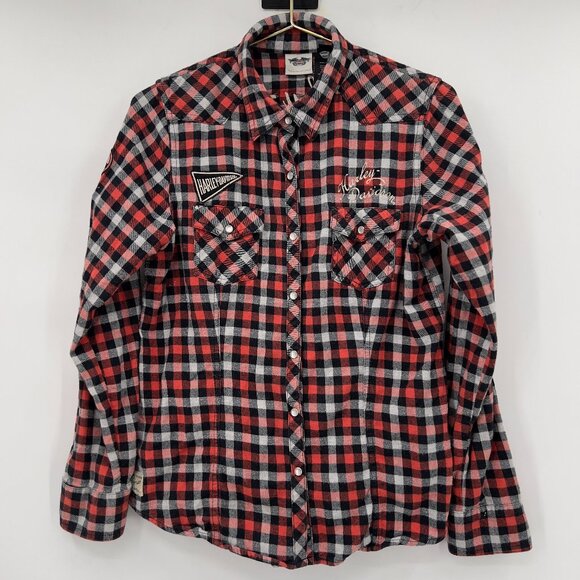 Vintage Harley-Davidson Embroidered Red/Black Plaid Flannel Button Down.Shirt L - Picture 1 of 14